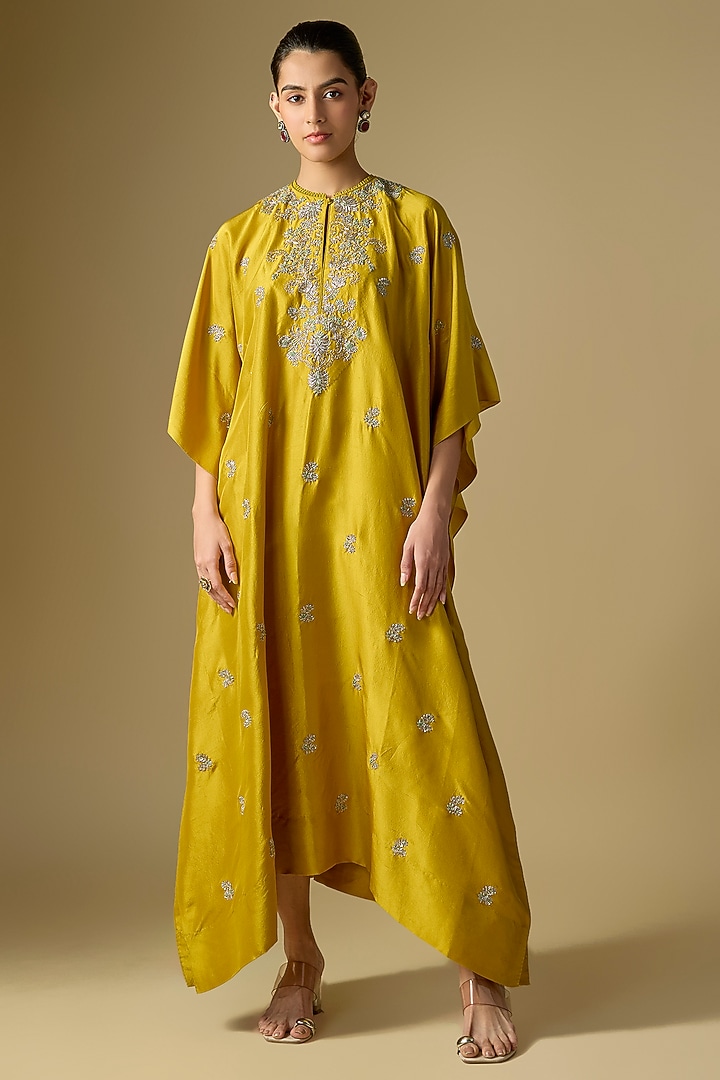 Mustard Silk Embroidered Kaftan by Jayanti Reddy at Pernia's Pop Up Shop