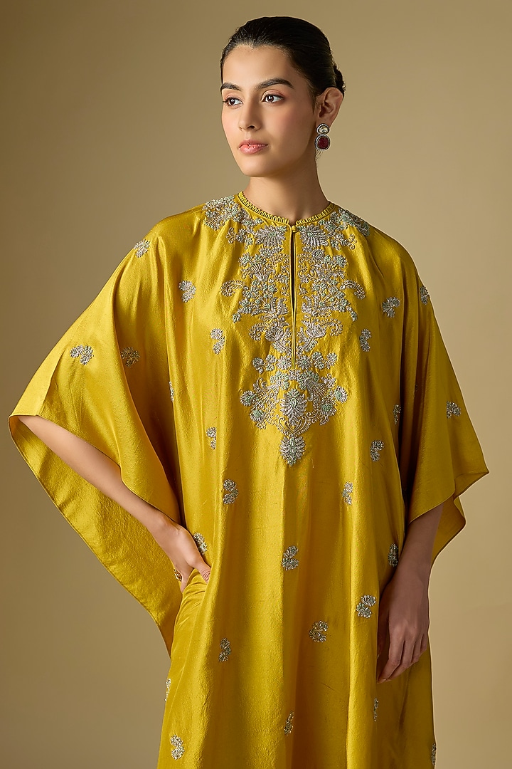 Mustard Silk Embroidered Kaftan by Jayanti Reddy at Pernia's Pop Up Shop