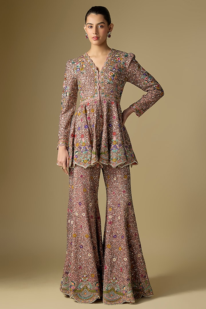 Peach Viscose Georgette Embroidered Bridal Sharara Set by Jayanti Reddy at Pernia's Pop Up Shop