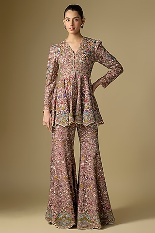 Peach Viscose Georgette Embroidered Sharara Set by Jayanti Reddy