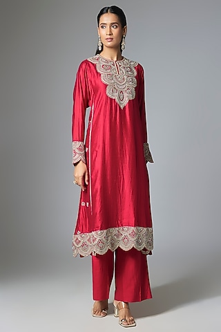 Red Silk Zardosi Embroidered Kurta Set by Jayanti Reddy