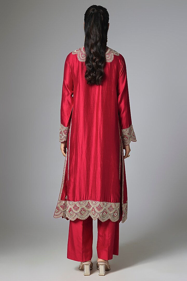 Red Silk Zardosi Embroidered Kurta Set by Jayanti Reddy at Pernia's Pop Up Shop