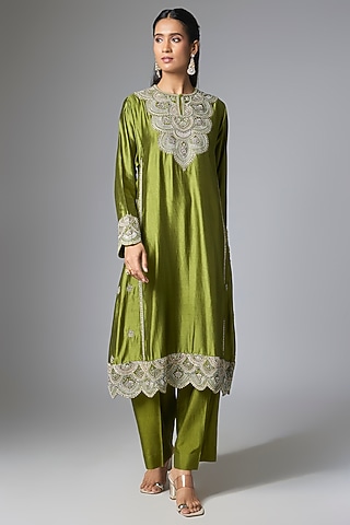Olive Green Silk Zardosi Embroidered Kurta Set by Jayanti Reddy