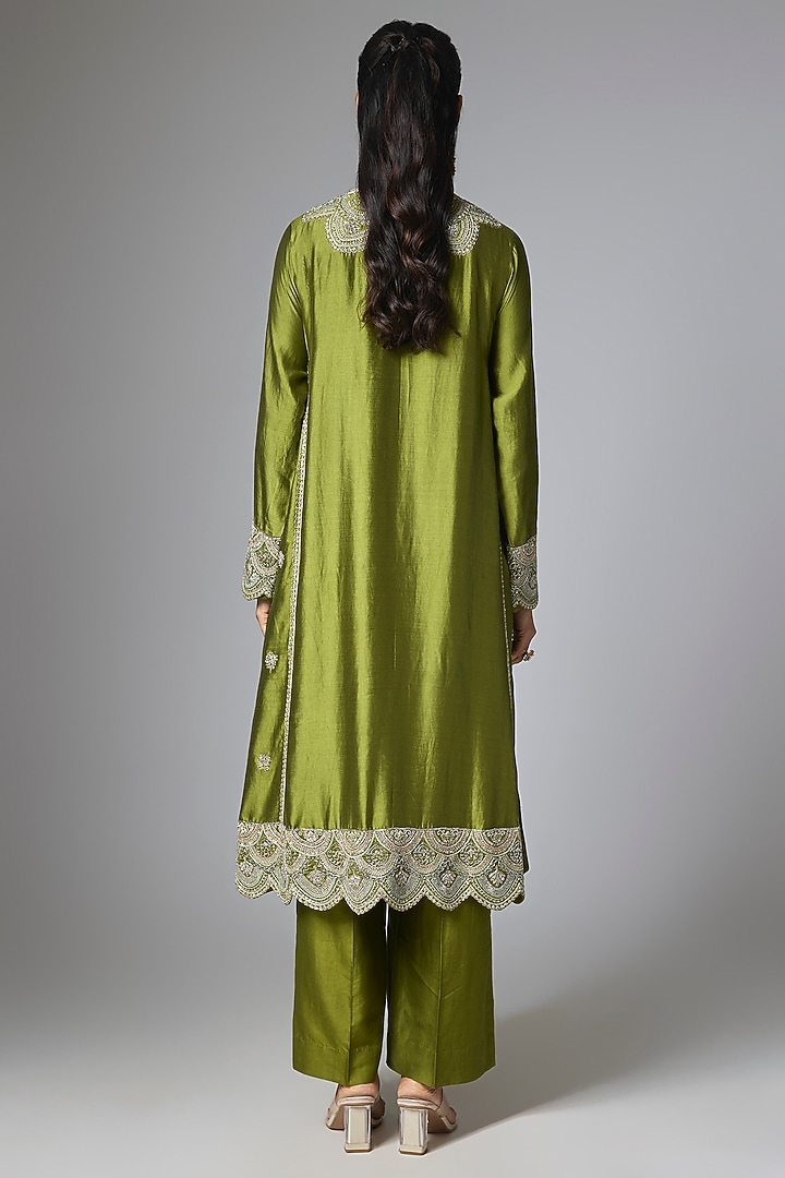 Olive Green Silk Zardosi Embroidered Kurta Set by Jayanti Reddy at Pernia's Pop Up Shop