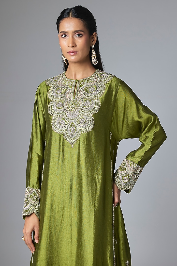Olive Green Silk Zardosi Embroidered Kurta Set by Jayanti Reddy at Pernia's Pop Up Shop