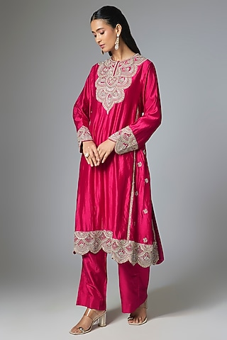 Pink Silk Zardosi Embroidered Kurta Set by Jayanti Reddy