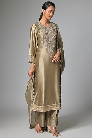 Golden-Beige Silk Zardosi Work Kurta Set by Jayanti Reddy