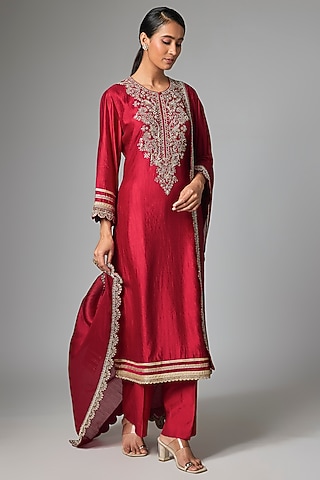 Red Silk Zardosi Work Kurta Set by Jayanti Reddy