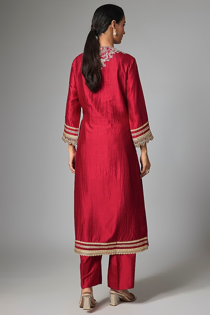 Red Silk Zardosi Work Kurta Set by Jayanti Reddy at Pernia's Pop Up Shop