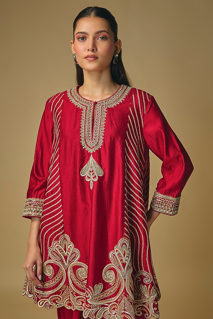 Red Silk Zardosi Work Kurta Set by Jayanti Reddy at Pernia's Pop Up Shop