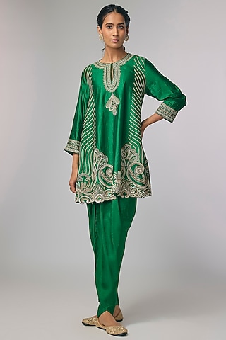 Bottle Green Silk Zardosi Work Kurta Set by Jayanti Reddy