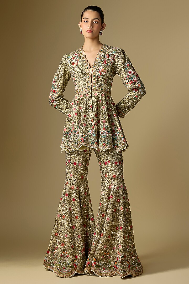 Beige Viscose Georgette Embroidered Bridal Sharara Set by Jayanti Reddy at Pernia's Pop Up Shop