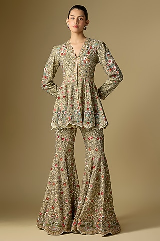 Beige Viscose Georgette Embroidered Sharara Set by Jayanti Reddy