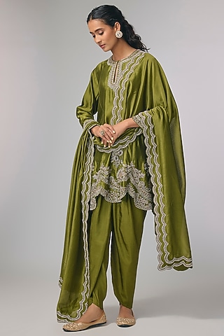 Olive Green Silk Zardosi Work Kurta Set by Jayanti Reddy