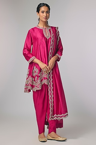 Pink Silk Zardosi Work Kurta Set by Jayanti Reddy