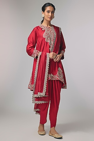 Red Silk Zardosi Work Kurta Set by Jayanti Reddy