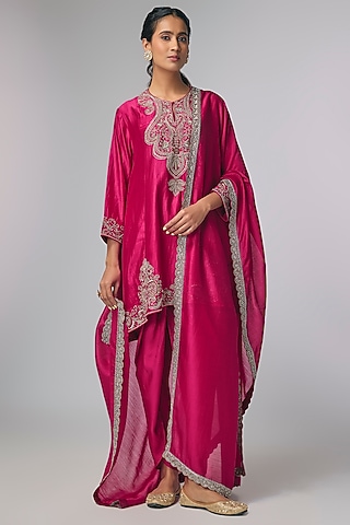 Pink Silk Zardosi Work Kurta Set by Jayanti Reddy