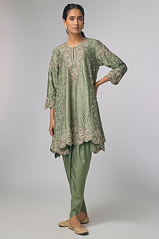 Mint Green Silk Zardosi Work Kurta Set by Jayanti Reddy