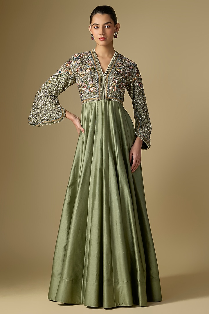 Mint Green Silk Embroidered Wedding Anarkali by Jayanti Reddy at Pernia's Pop Up Shop