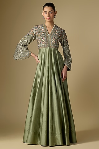Mint Green Silk Embroidered Anarkali by Jayanti Reddy
