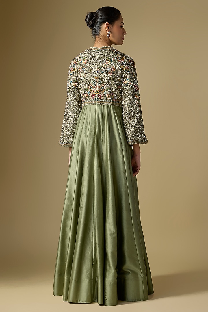 Mint Green Silk Embroidered Wedding Anarkali by Jayanti Reddy at Pernia's Pop Up Shop