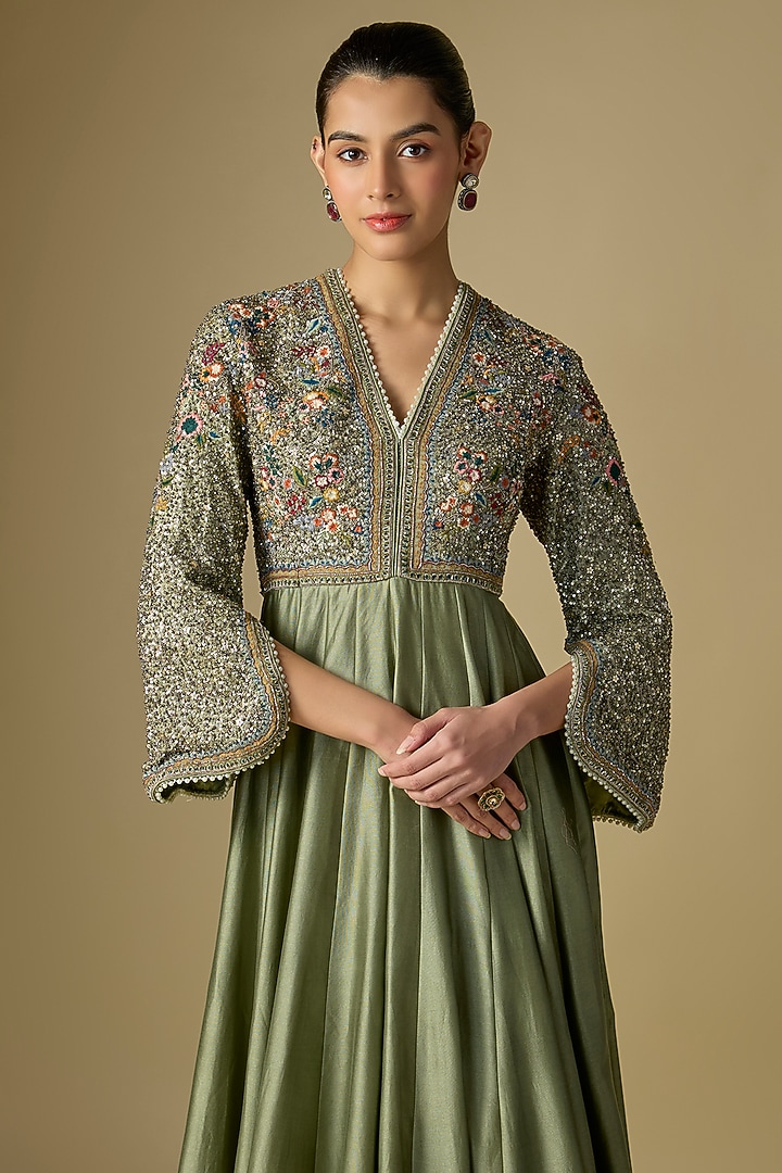 Mint Green Silk Embroidered Wedding Anarkali by Jayanti Reddy at Pernia's Pop Up Shop