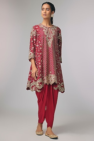 Red Silk Zardosi Work Kurta Set by Jayanti Reddy