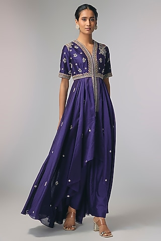 Purple Silk Zardosi Work Anarkali Set by Jayanti Reddy