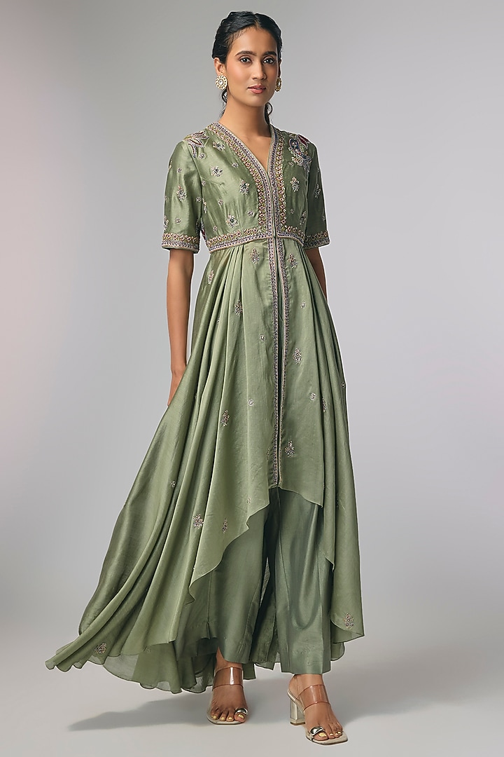 Mint Green Silk Zardosi Work Bridal Anarkali Set by Jayanti Reddy at Pernia's Pop Up Shop