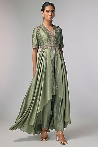 Mint Green Silk Zardosi Work Anarkali Set by Jayanti Reddy