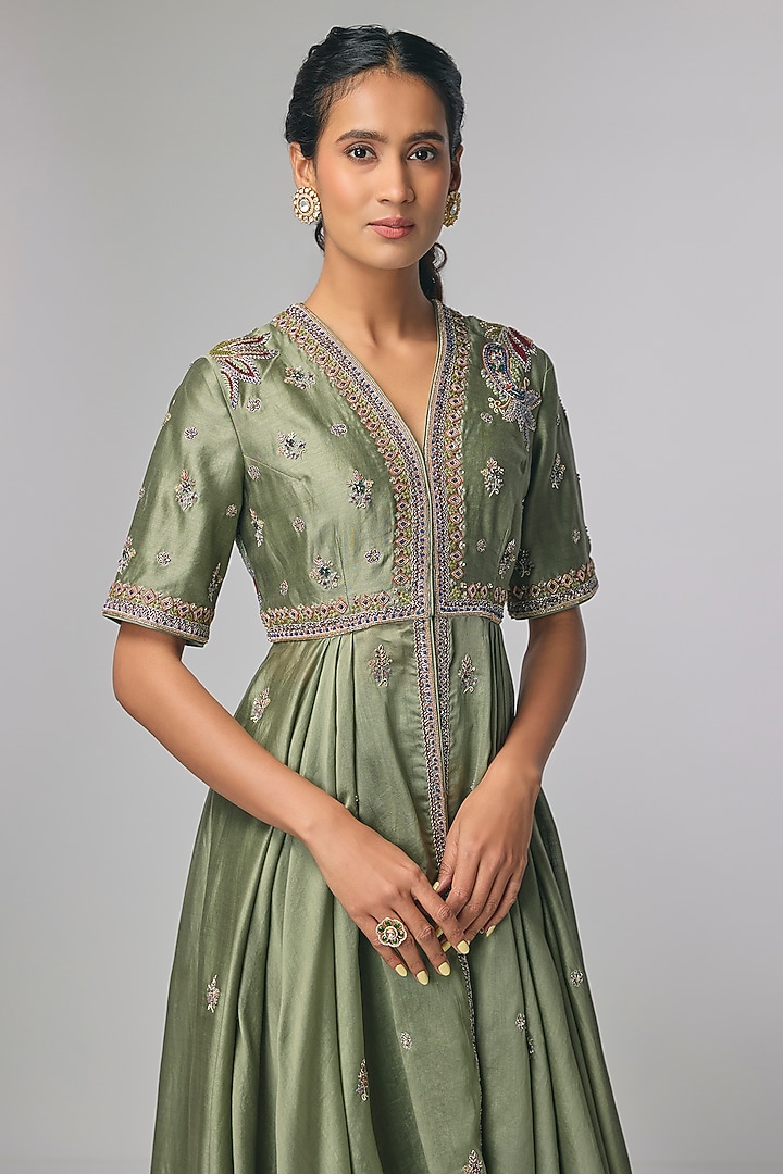 Mint Green Silk Zardosi Work Bridal Anarkali Set by Jayanti Reddy at Pernia's Pop Up Shop