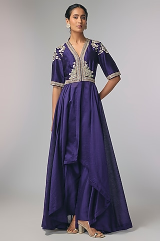Purple Silk Zardosi Work Anarkali Set by Jayanti Reddy