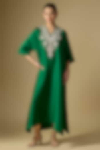 Emerald Green Silk Embroidered Kaftan by Jayanti Reddy at Pernia's Pop Up Shop