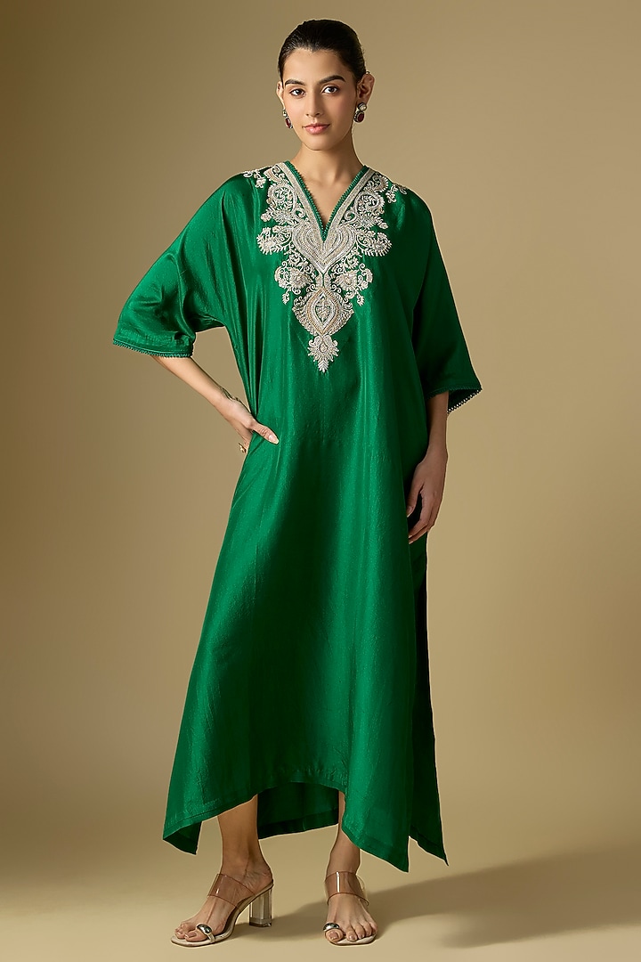 Emerald Green Silk Embroidered Kaftan by Jayanti Reddy at Pernia's Pop Up Shop