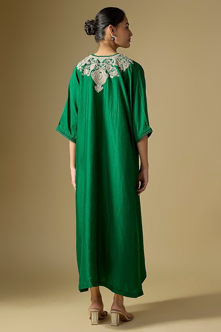 Emerald Green Silk Embroidered Kaftan by Jayanti Reddy at Pernia's Pop Up Shop