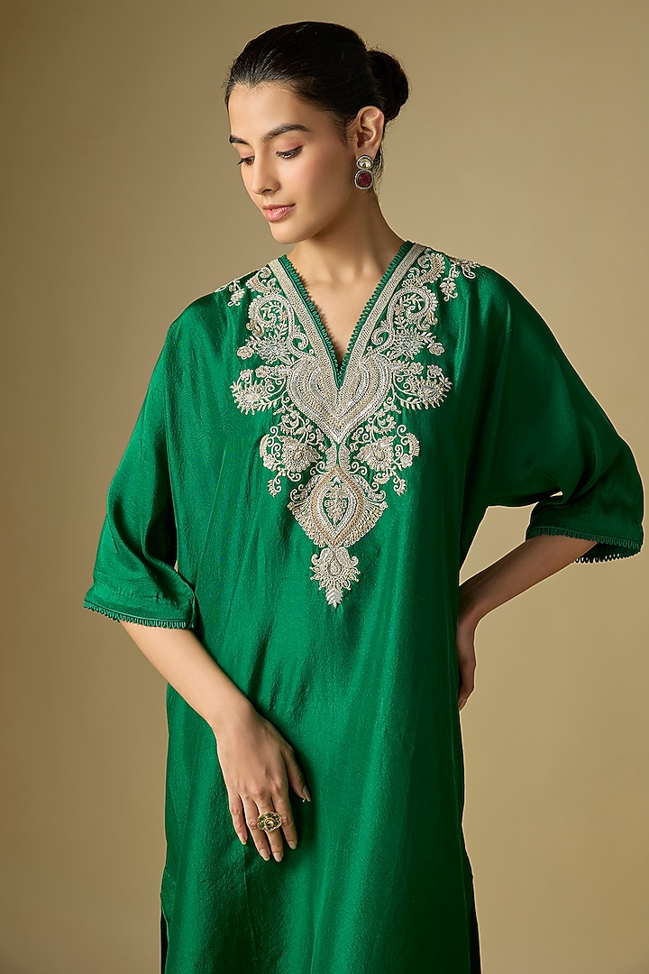 Emerald Green Silk Embroidered Kaftan by Jayanti Reddy at Pernia's Pop Up Shop