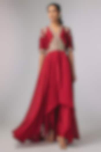 Red Silk Zardosi Work Wedding Anarkali Set by Jayanti Reddy at Pernia's Pop Up Shop