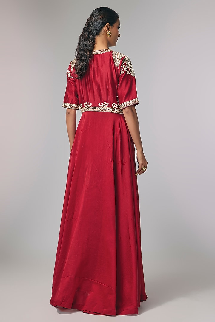 Red Silk Zardosi Work Wedding Anarkali Set by Jayanti Reddy at Pernia's Pop Up Shop