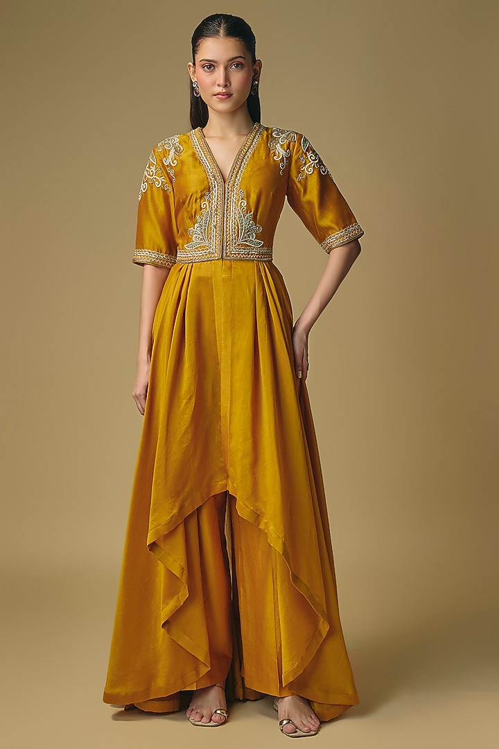 Mango Yellow Silk Zardosi Work Wedding Anarkali Set by Jayanti Reddy at Pernia's Pop Up Shop