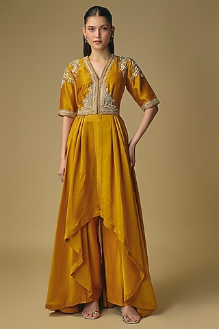 Mango Yellow Silk Zardosi Work Anarkali Set by Jayanti Reddy