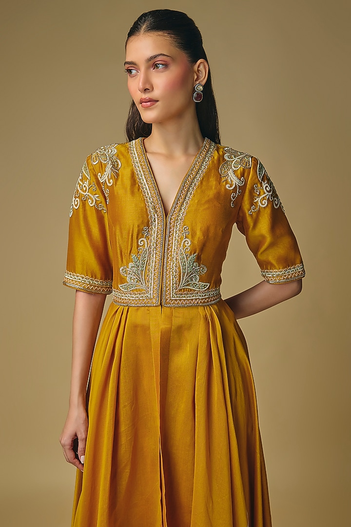 Mango Yellow Silk Zardosi Work Wedding Anarkali Set by Jayanti Reddy at Pernia's Pop Up Shop