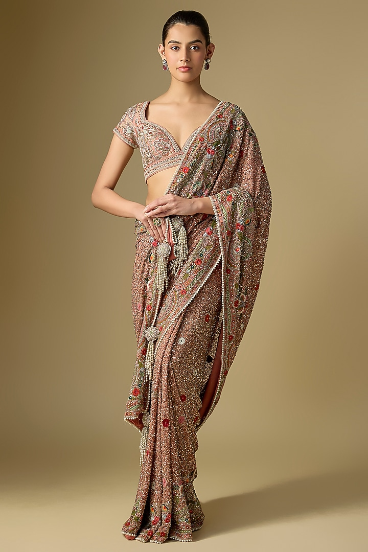 Peach Raw Silk Embroidered Bridal Saree Set by Jayanti Reddy at Pernia's Pop Up Shop