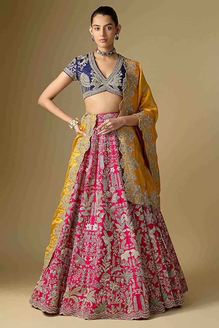 Rani Pink Raw Silk Embroidered Bridal Lehenga Set by Jayanti Reddy at Pernia's Pop Up Shop