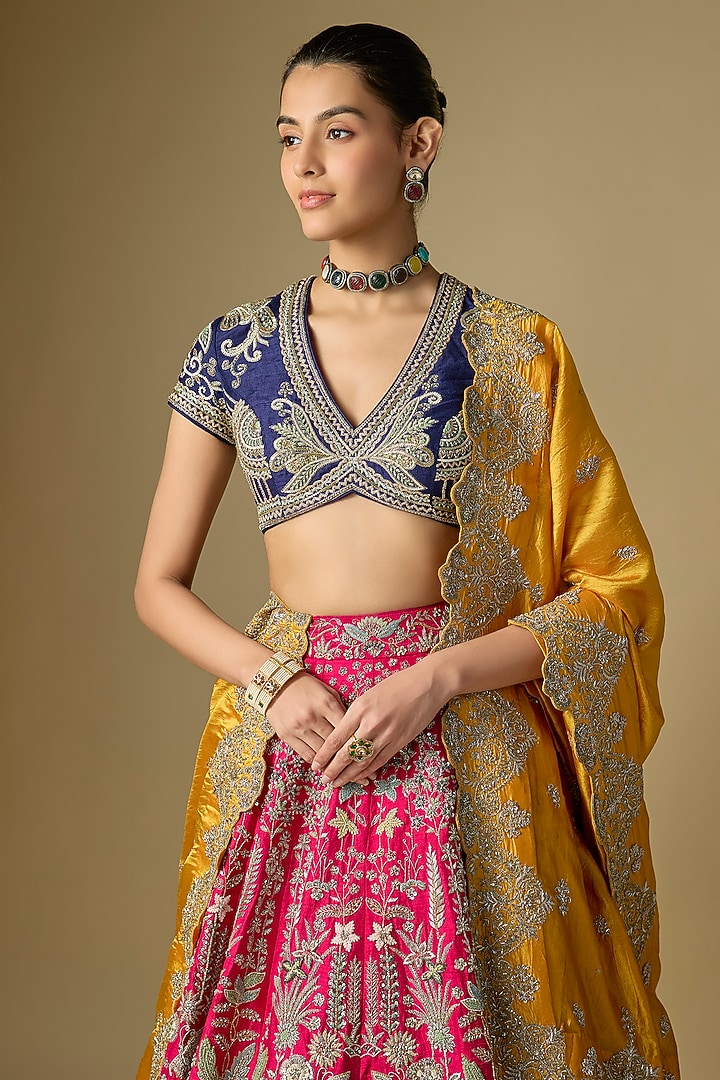 Rani Pink Raw Silk Embroidered Bridal Lehenga Set by Jayanti Reddy at Pernia's Pop Up Shop