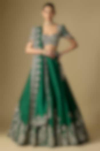 Emerald Green Raw Silk Embroidered Bridal Lehenga Set by Jayanti Reddy at Pernia's Pop Up Shop