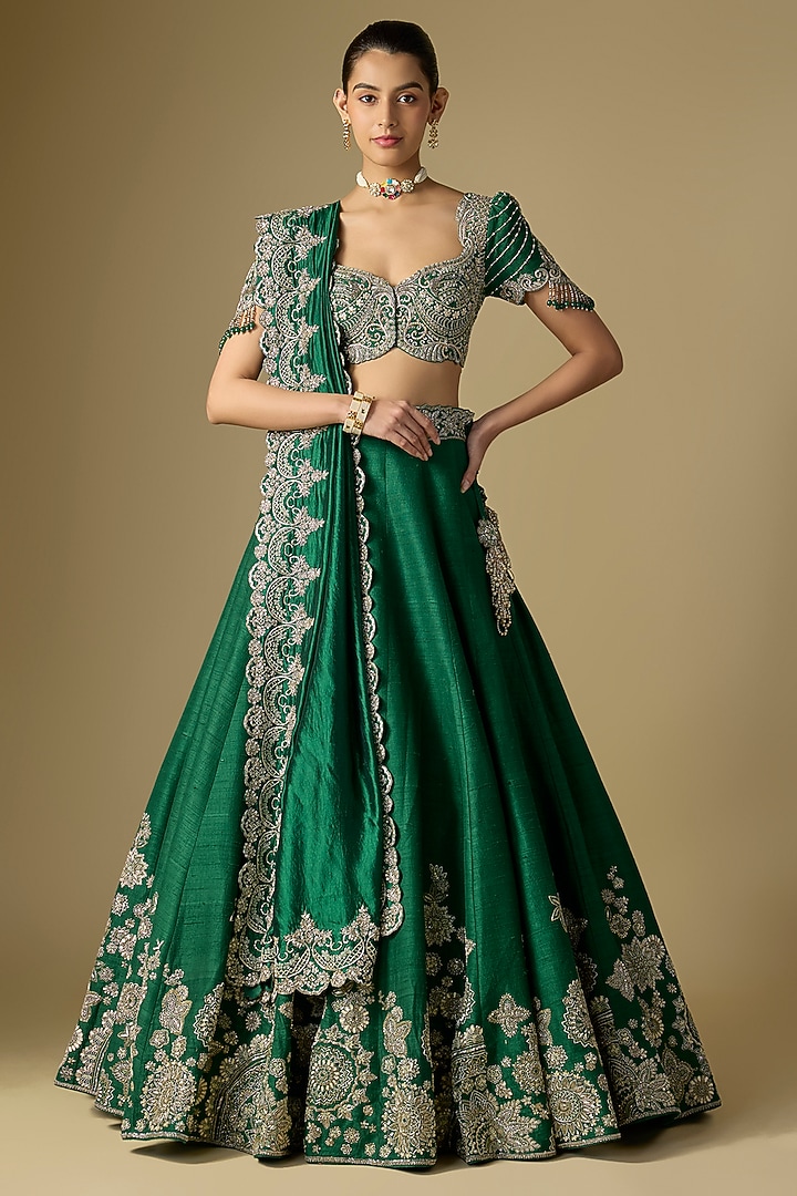 Emerald Green Raw Silk Embroidered Bridal Lehenga Set by Jayanti Reddy at Pernia's Pop Up Shop