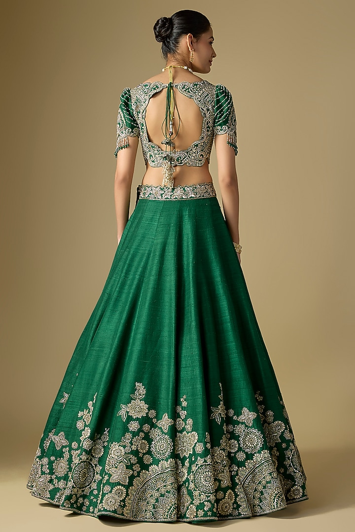 Emerald Green Raw Silk Embroidered Bridal Lehenga Set by Jayanti Reddy at Pernia's Pop Up Shop