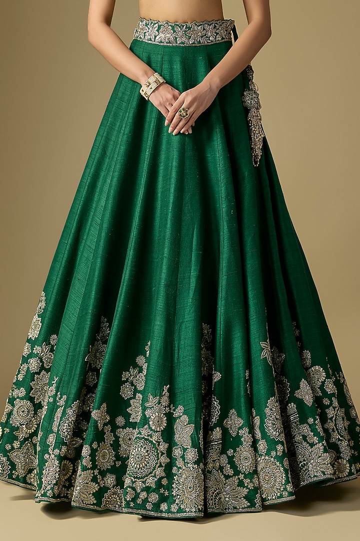 Emerald Green Raw Silk Embroidered Bridal Lehenga Set by Jayanti Reddy at Pernia's Pop Up Shop