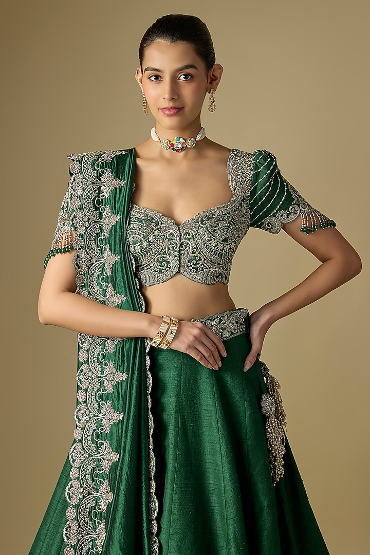 Emerald Green Raw Silk Embroidered Bridal Lehenga Set by Jayanti Reddy at Pernia's Pop Up Shop