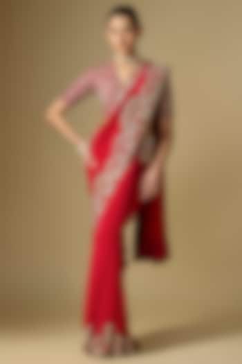 Red Raw Silk Embroidered Bridal Saree Set by Jayanti Reddy at Pernia's Pop Up Shop